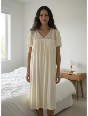 Barbizon Vintage Cream Lace Trim Short Sleeve Midi Dress sleep sheer